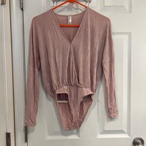 American Apparel Pink Long Sleeve Wrap Bodysuit Snap Closure Womens Size XS‎
